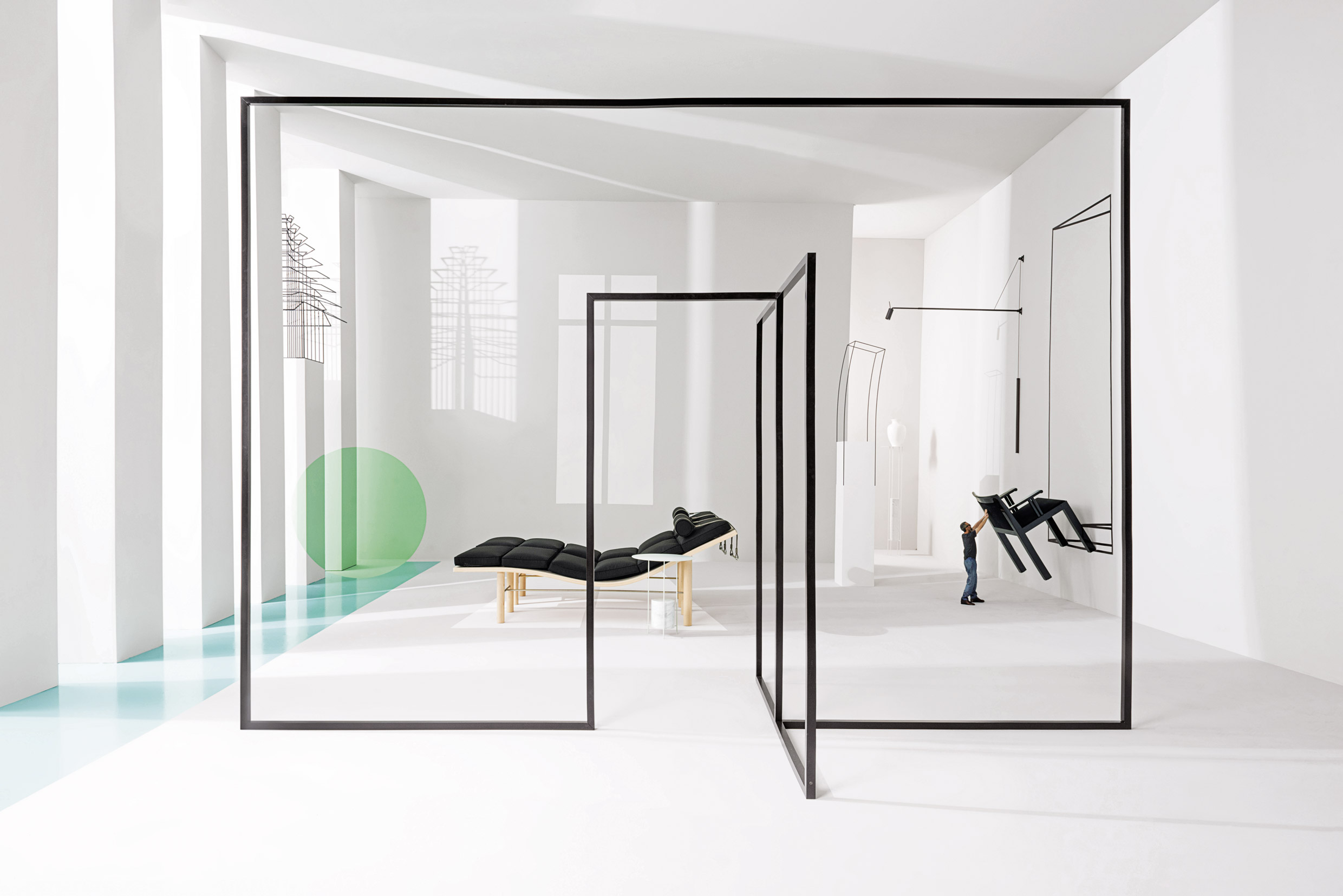 A “Roomscape” as imagined by Ron Gilad. Conceived as a “theatre of absurd” the installation plays with perception and suggests an open-ended idea of the space and objects. Ph. Jeff Burton, from Molteni Mondo by Rizzoli NY, 2024. 