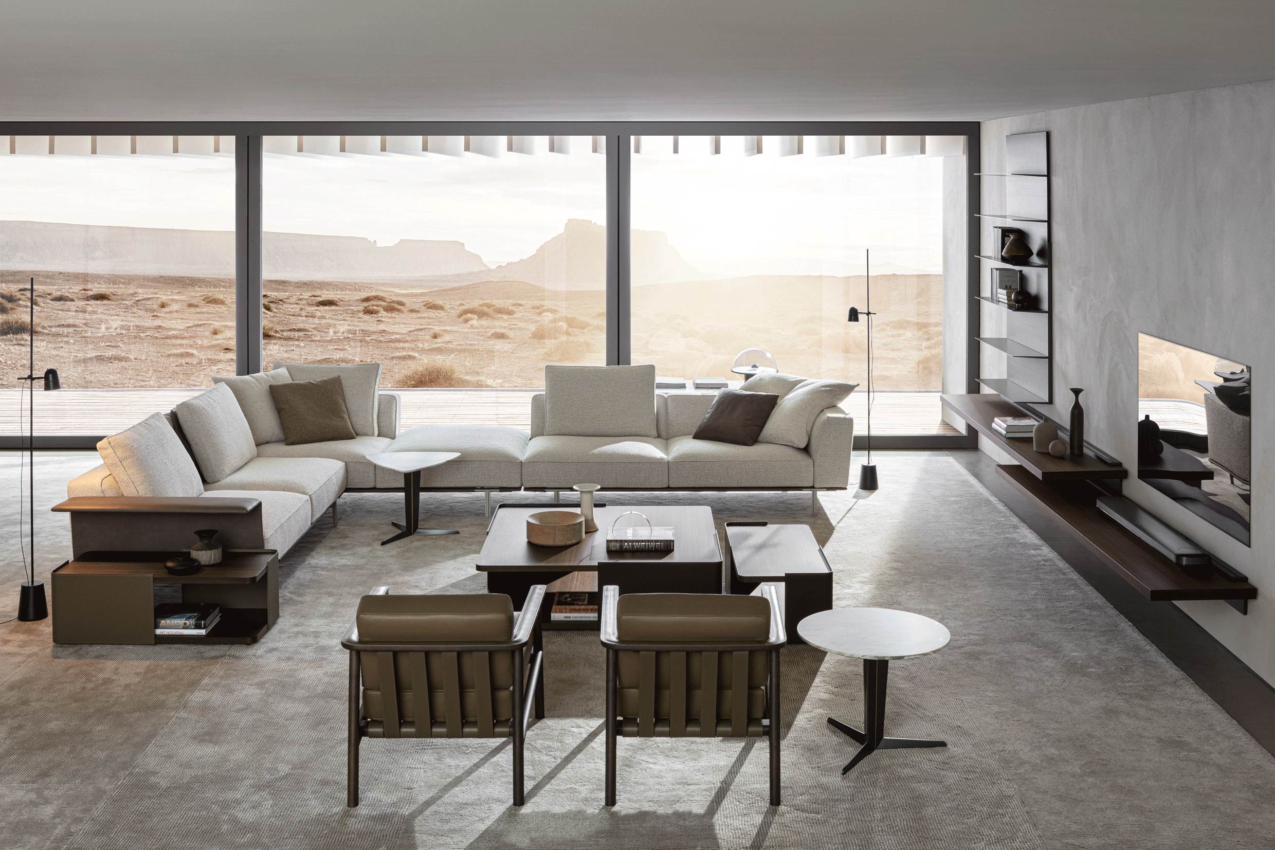 Design living room with white sofa, armchairs and coffe tables