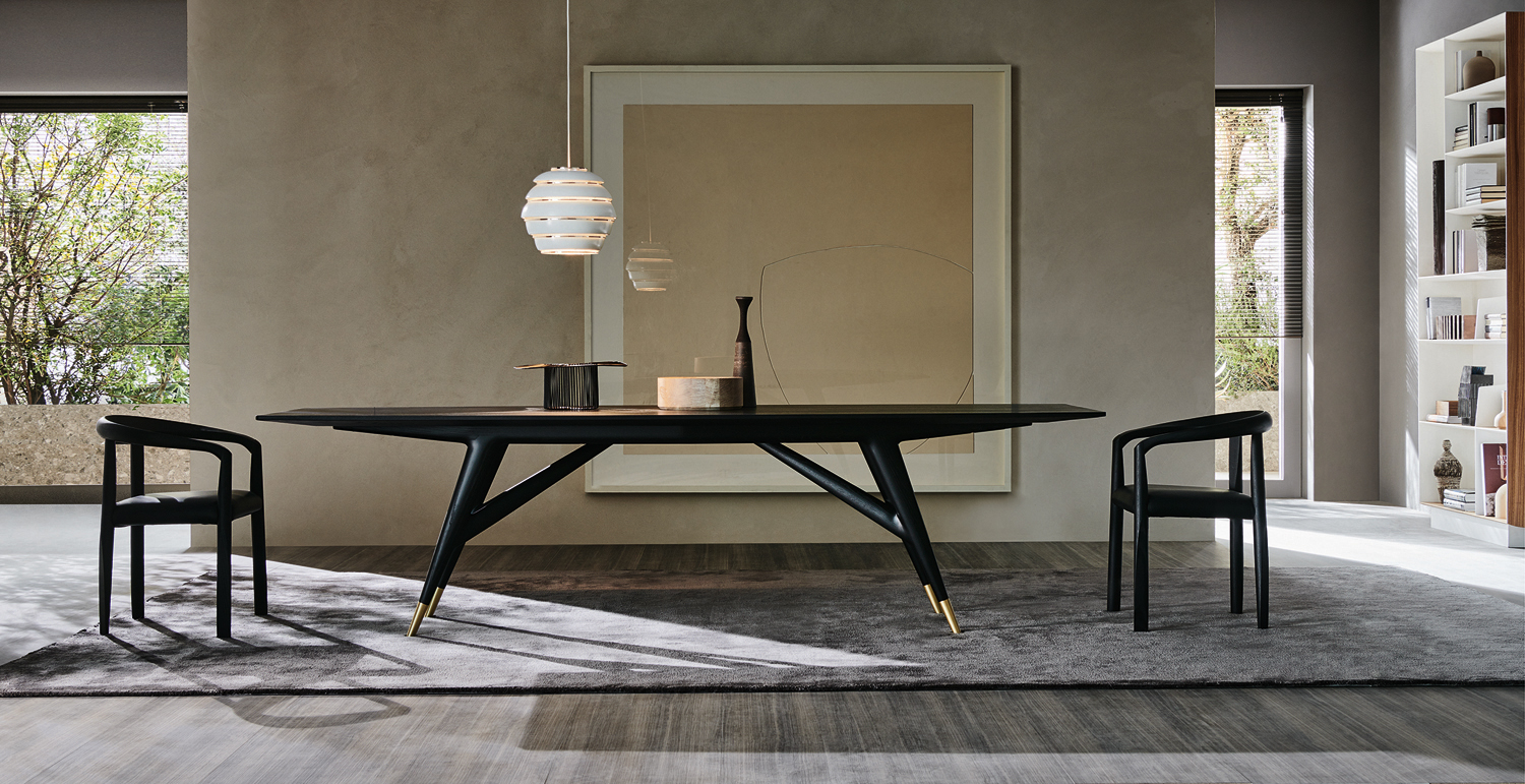 Italian designer lacquered black table with 2 seats